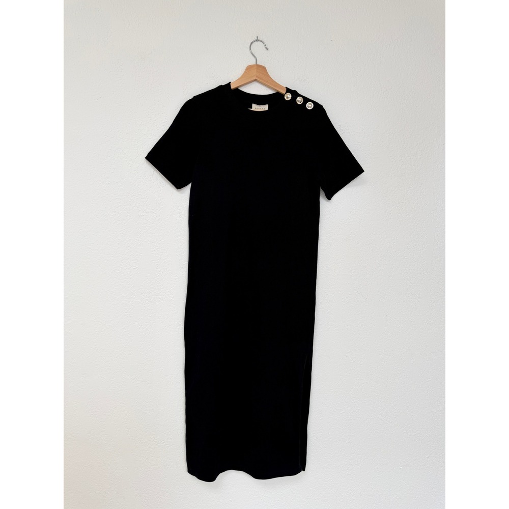 SEZANE Emy Black Organic Cotton Minimalist Midi Dress Short Sleeve Small